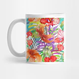 Tropical flowers, palm leaves watercolor colorful print. Lily, Delonix flowers, Monstera, Banana leaf, Cordyline exotic summer jungle print Mug